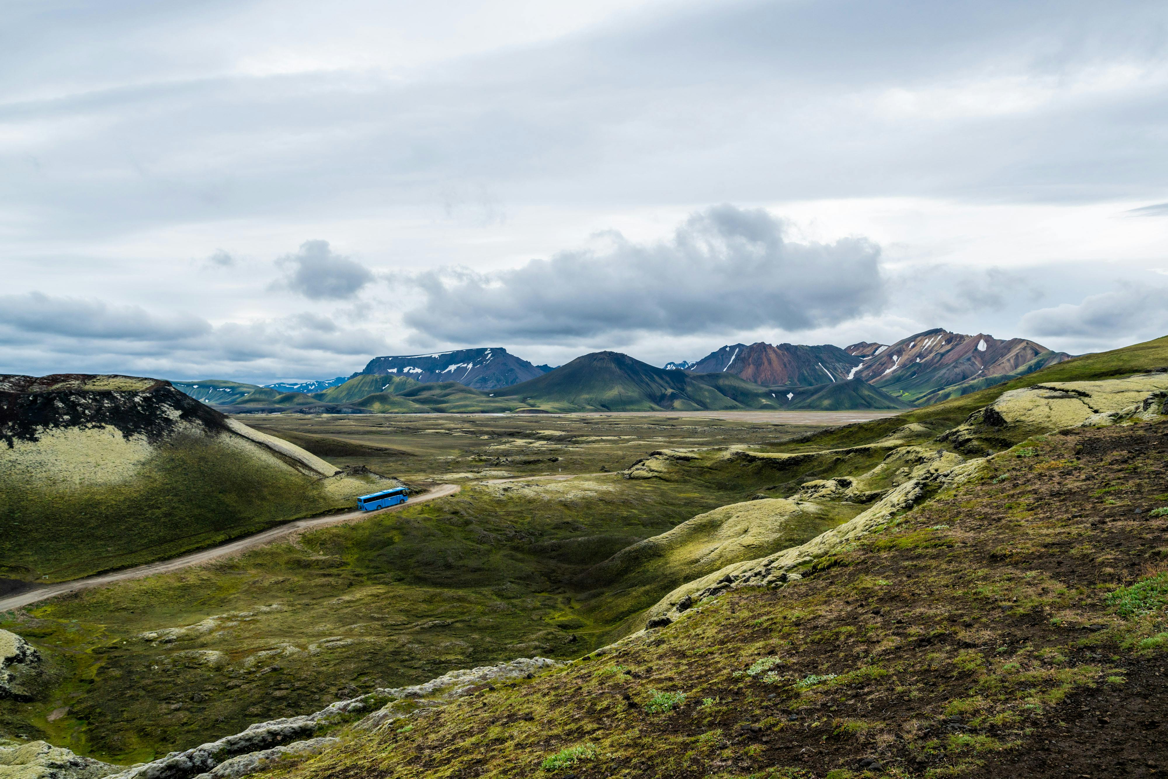Highland bus on a rough Icelandic mountain road